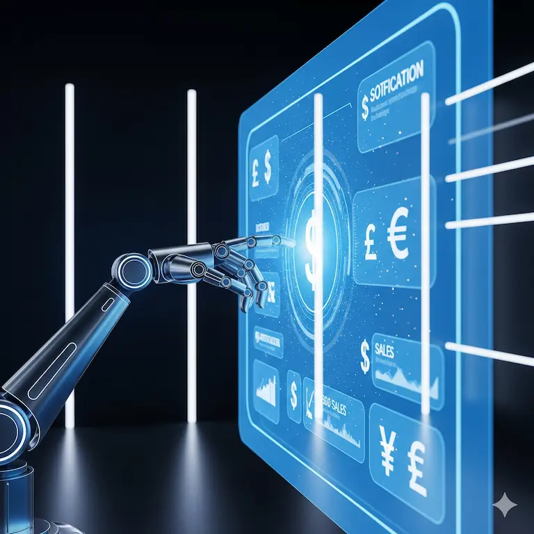 Icono de un brazo robótico interactuando con una pantalla holográfica de ventas, simbolizando la automatización de sistemas y la monetización.