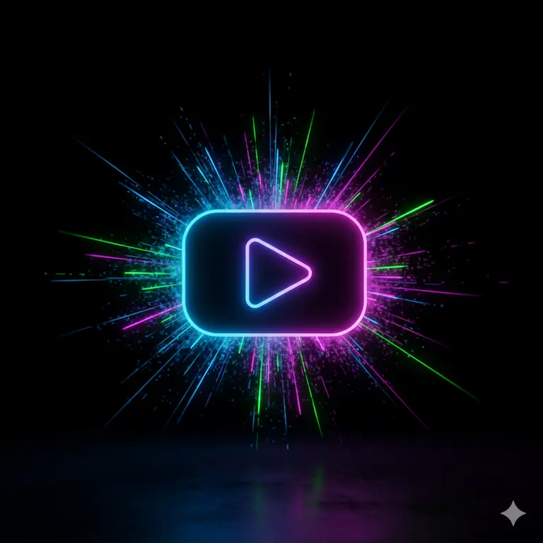 Icono digital de un botón de play de YouTube rodeado de un estallido de luces y partículas de neón, simbolizando la generación masiva y viral de audiencias.