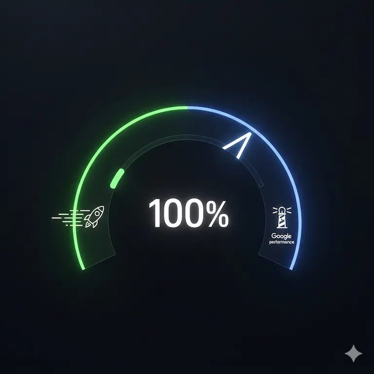 Dashboard de rendimiento web mostrando una puntuación de 100 sobre 100 en Google PageSpeed, simbolizando la optimización técnica y la velocidad.